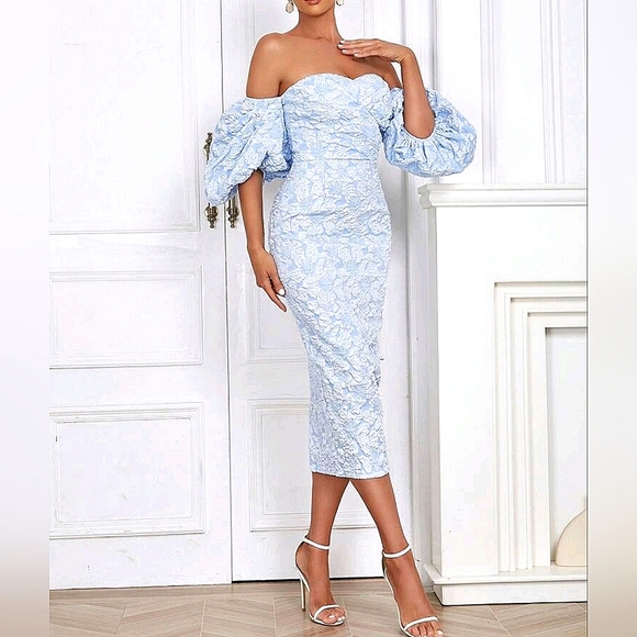 New Luxe Textured Floral Puffed Sleeve Dress Midi Off Shoulder Light Blue - Picture 3 of 10